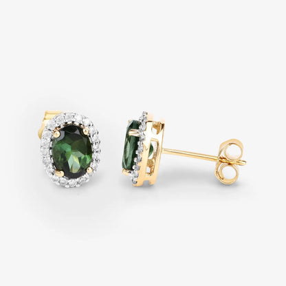 1.92 Carat Genuine Green Tourmaline and White Diamond 14K Yellow Gold Earrings - GOLDISSEYA