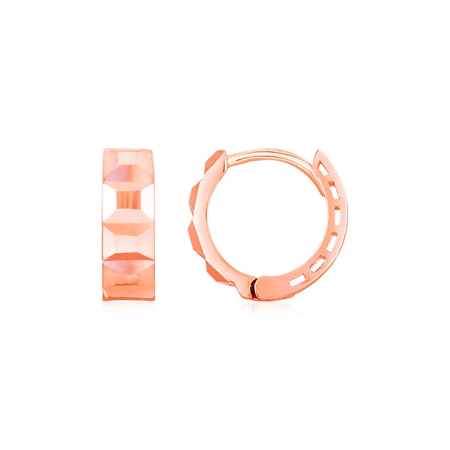 14K Rose Gold Square Motif Faceted Huggie Earrings 