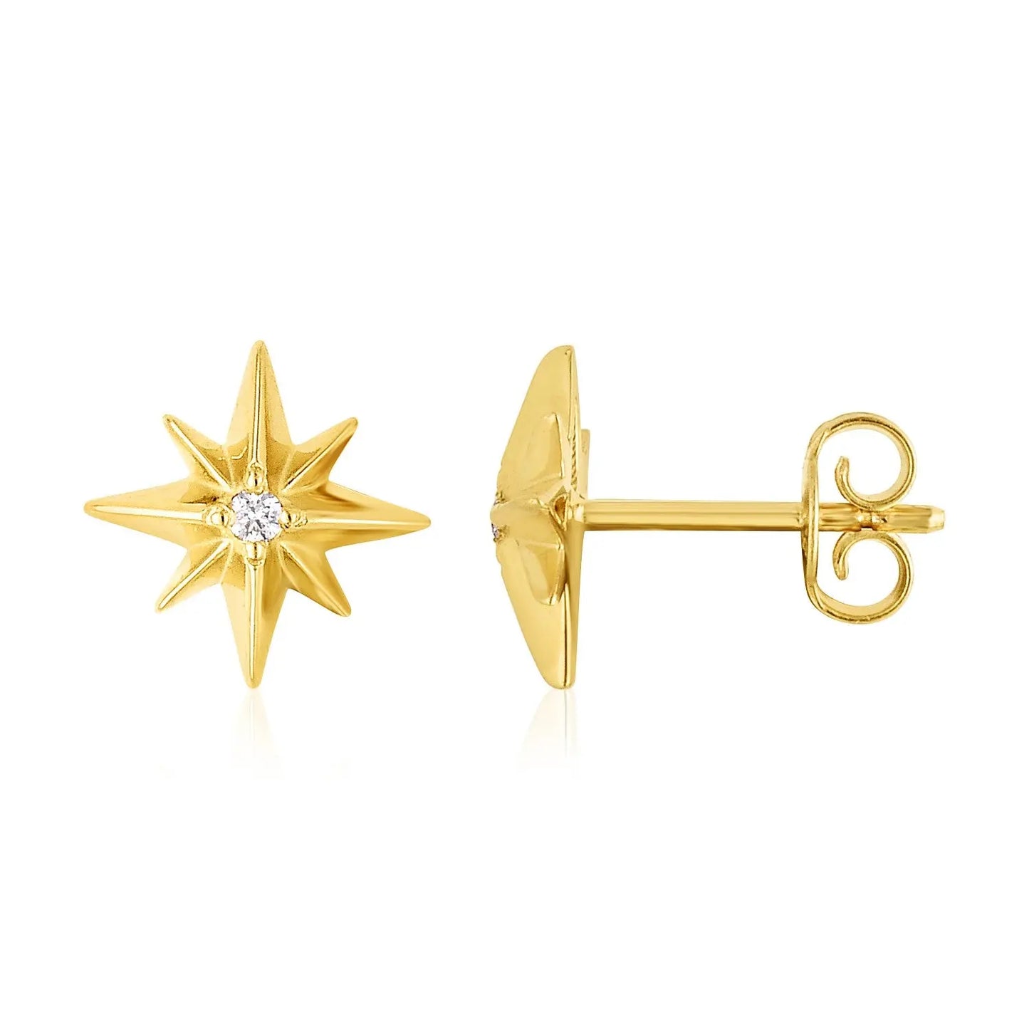 14K Yellow Gold High Polish North Star Diamond Earrings 