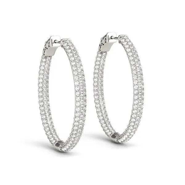 14k White Gold Diamond Hoop Double Sided Three Row Earrings (2 cttw) 