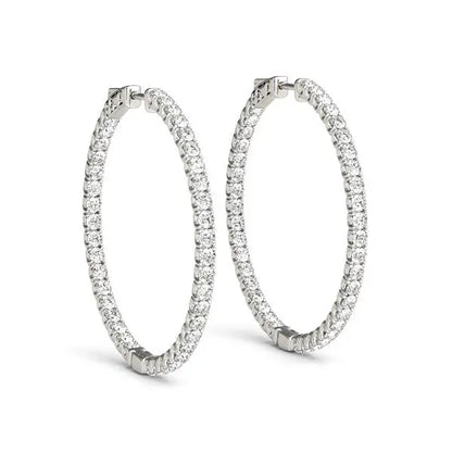 14k White Gold Diamond Hoop Earrings with Shared Prong Setting (2 cttw) 