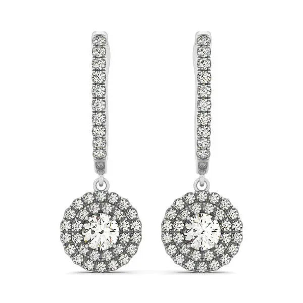 14k White Gold Double Halo Round Diamond Drop Earrings (1 cttw) 