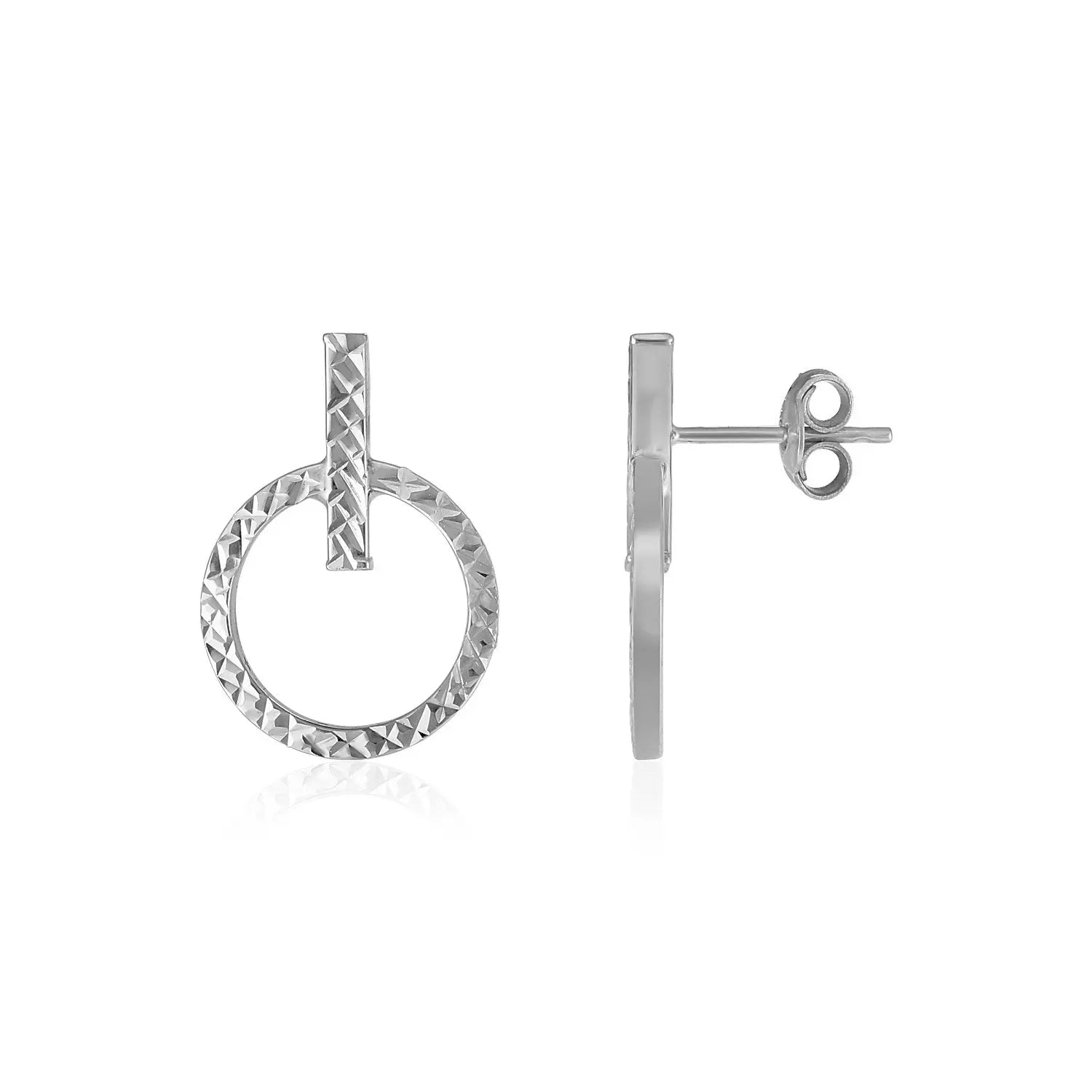 14k White Gold Textured Circle and Bar Post Earrings 