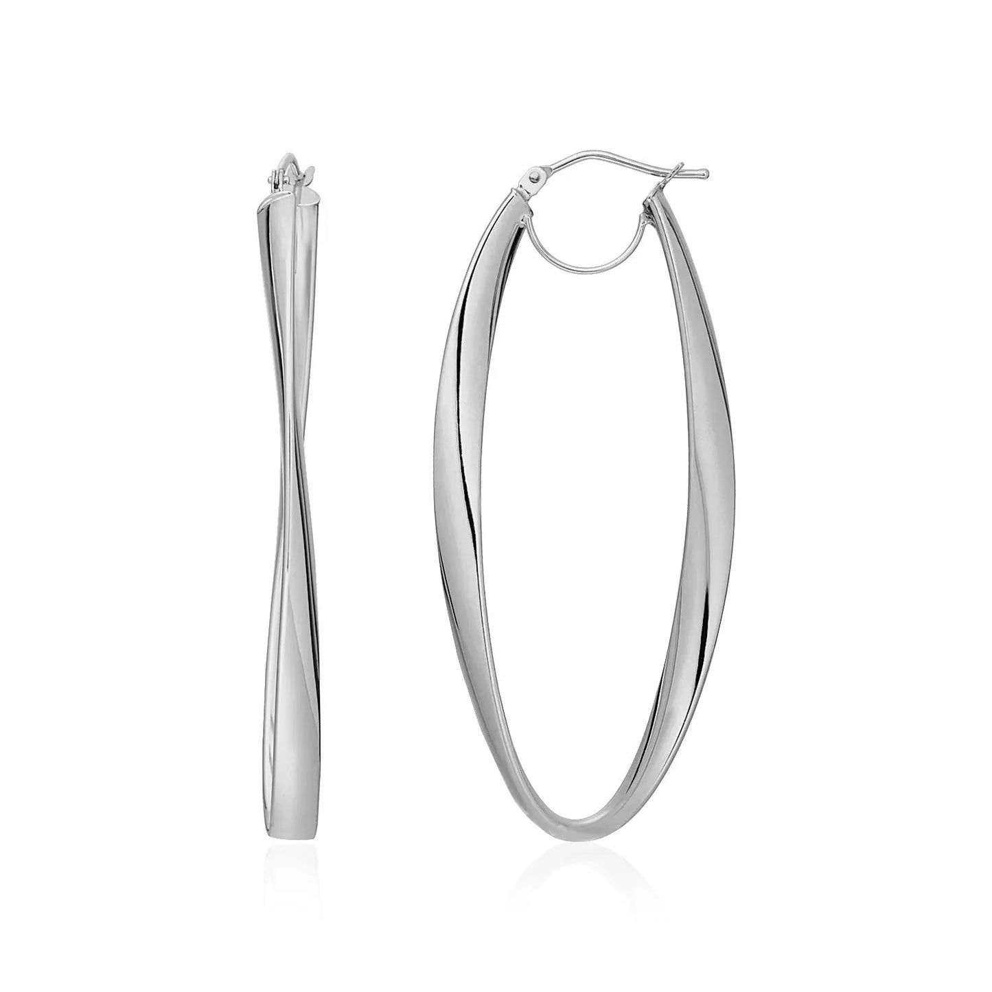 14k White Gold Twist Motif Oval Shape Hoop Earrings 