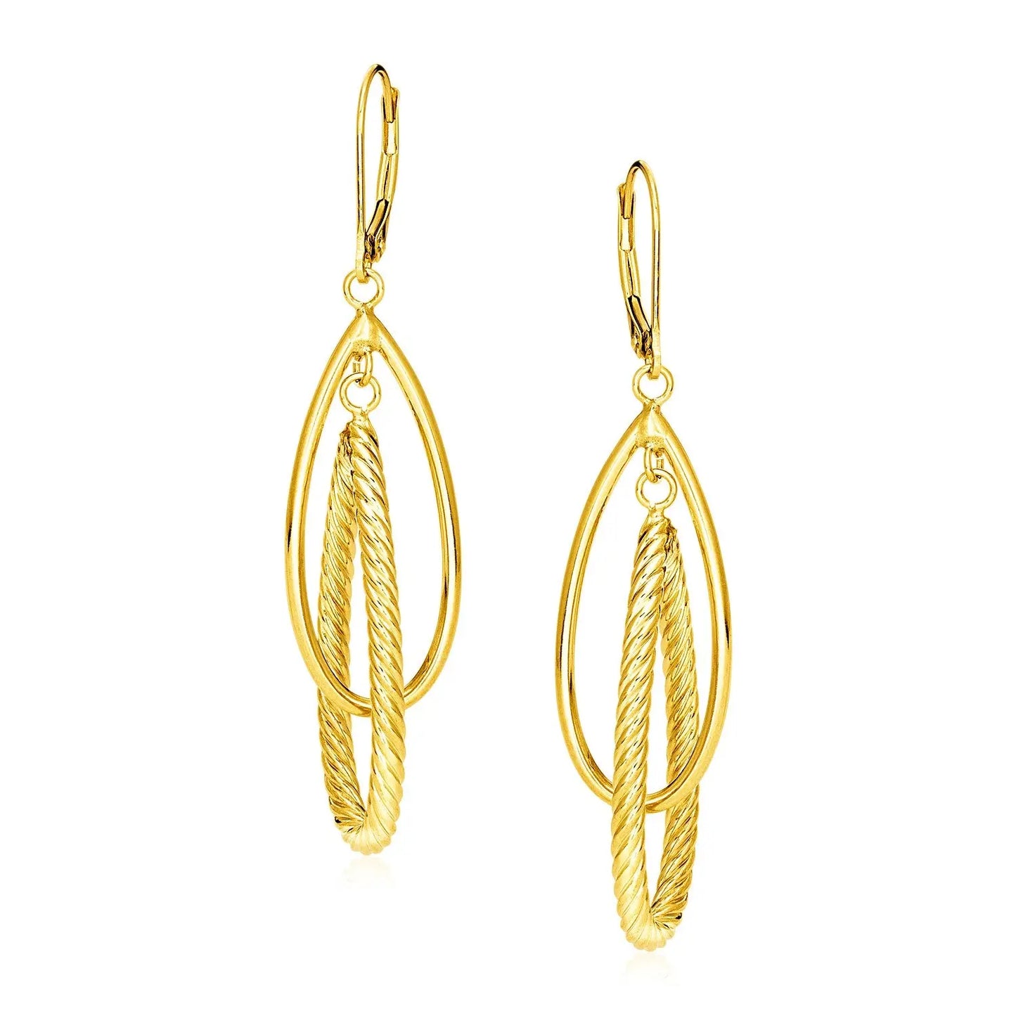 14k Yellow Gold Earrings with Shiny and Textured Teardrop Dangles 