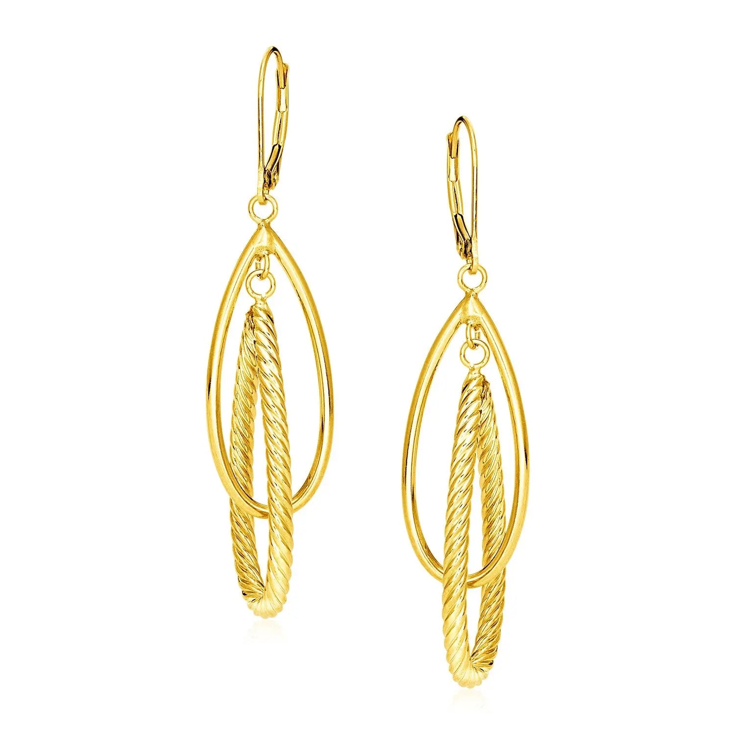 14k Yellow Gold Earrings with Shiny and Textured Teardrop Dangles 