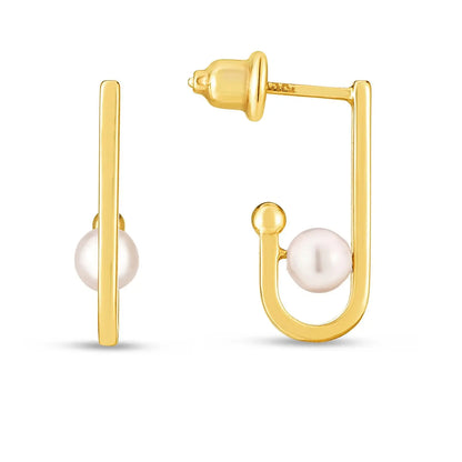 14k Yellow Gold J Hoop Pearl Earrings 