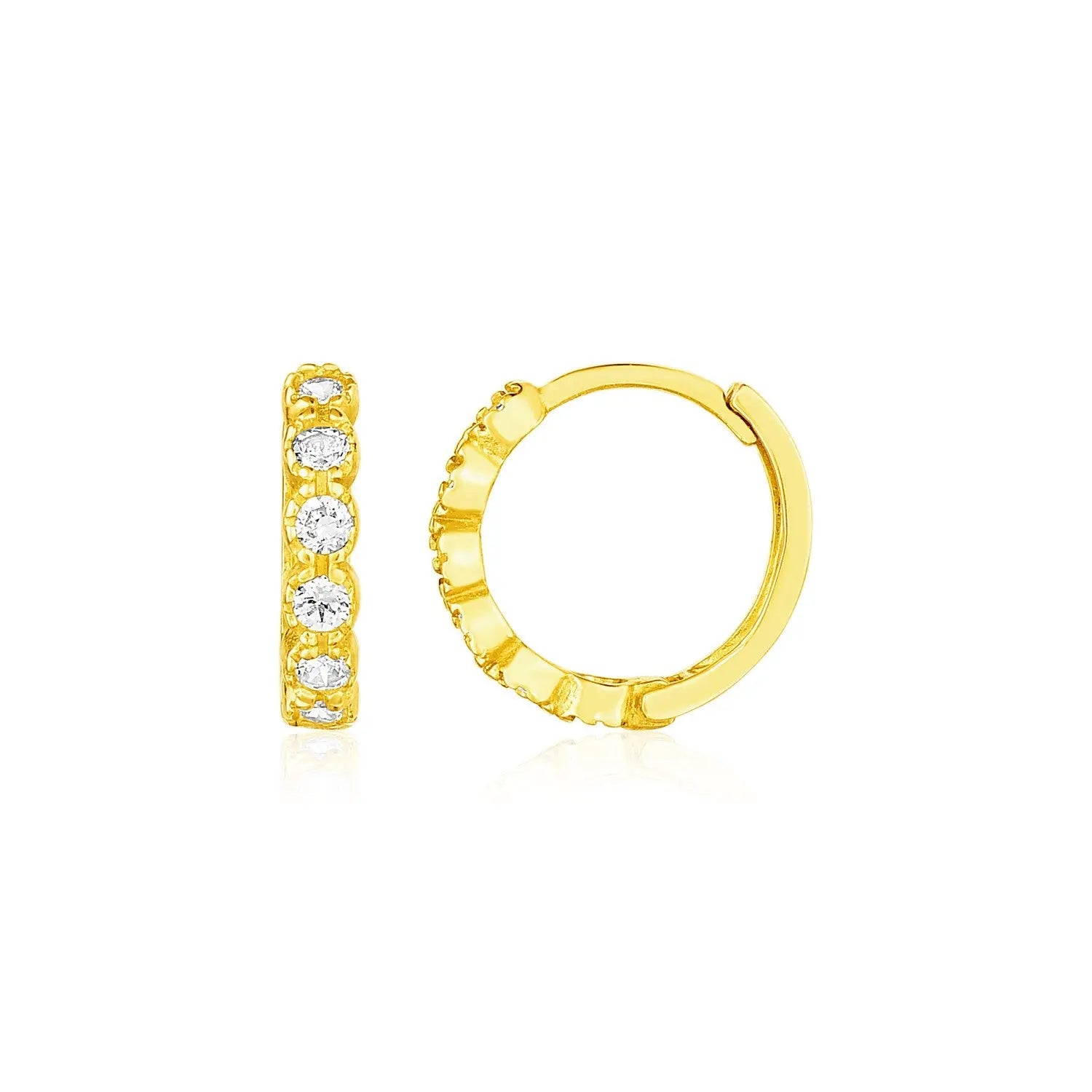 14k Yellow Gold Petite Hoop Earrings with Round Cubic Zirconias 