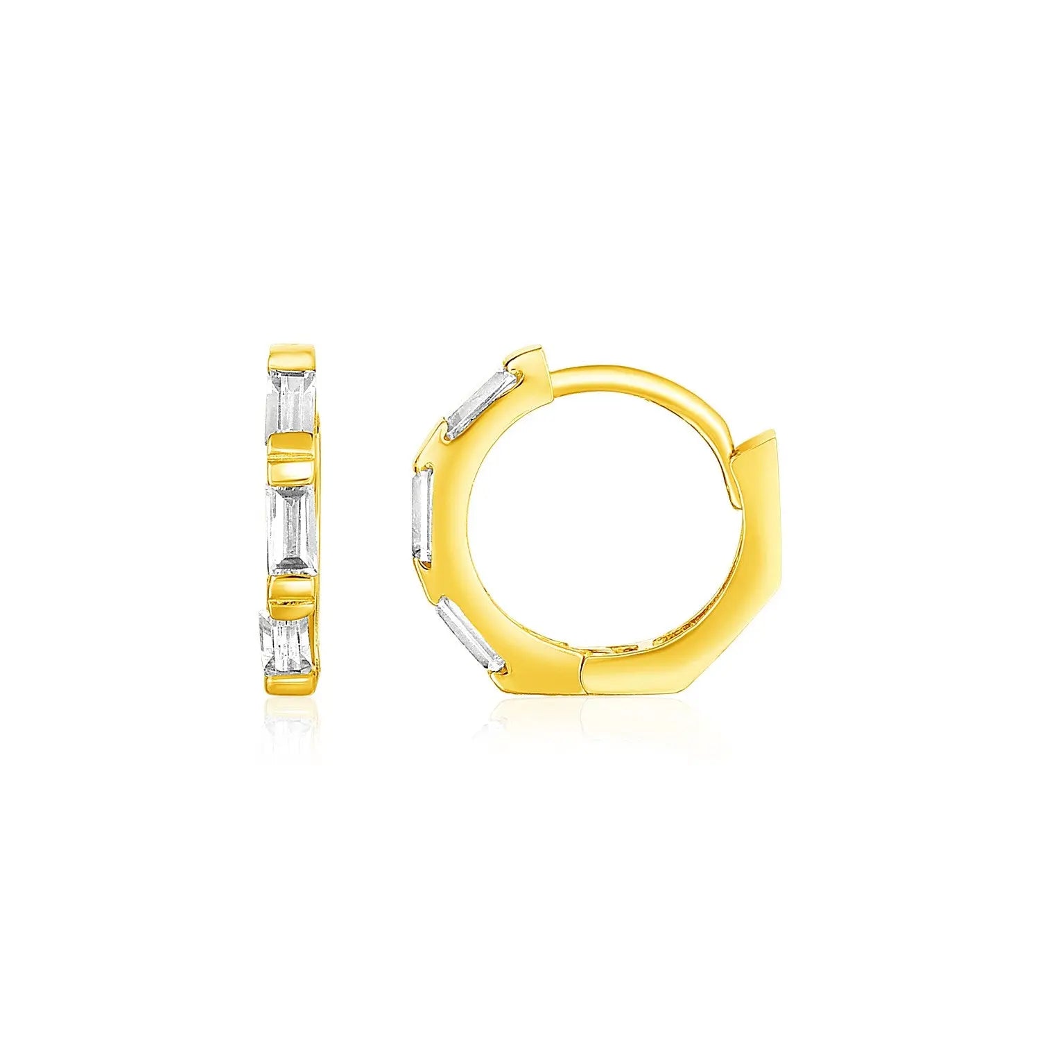 14k Yellow Gold Petite Octagonal Hoop Earrings with Cubic Zirconias 