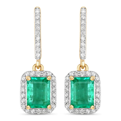 2.08 Carat Genuine Emerald and White Diamond 14K Yellow Gold Earrings - GOLDISSEYA