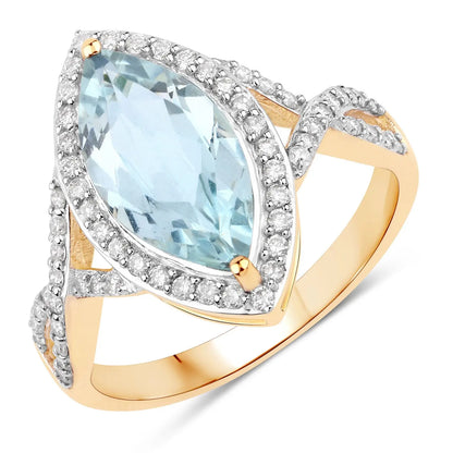 2.24 Carat Genuine Aquamarine and White Diamond 14K Yellow Gold Ring - GOLDISSEYA