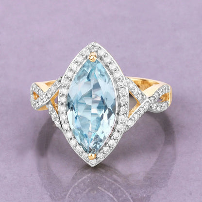 2.24 Carat Genuine Aquamarine and White Diamond 14K Yellow Gold Ring - GOLDISSEYA