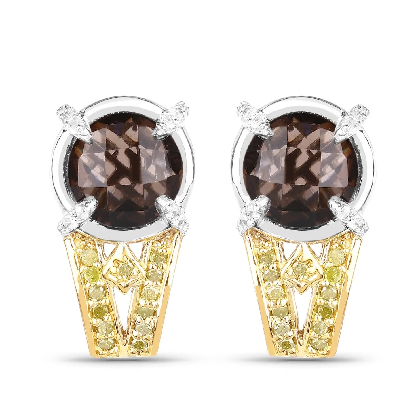 3.75 Carat Genuine Smoky Quartz, Yellow Diamond and White Diamond .925 Sterling Silver Earrings - GOLDISSEYA