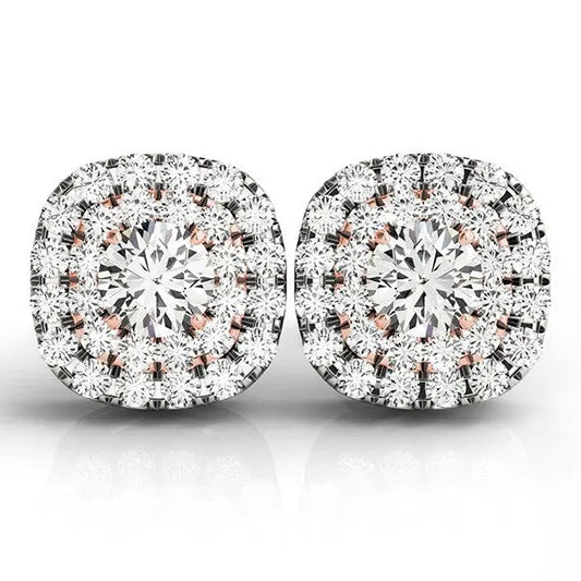 14k White and Rose Gold Cushion Shape Halo Diamond Earrings (3/4 cttw) 