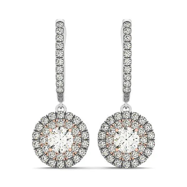 14k White And Rose Gold Drop Diamond Earrings with a Halo Design (3/4 cttw) 