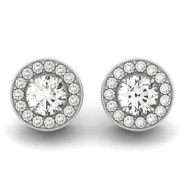 14k White Gold Round Diamond Halo Milgrain Border Earrings (3/4 cttw) 