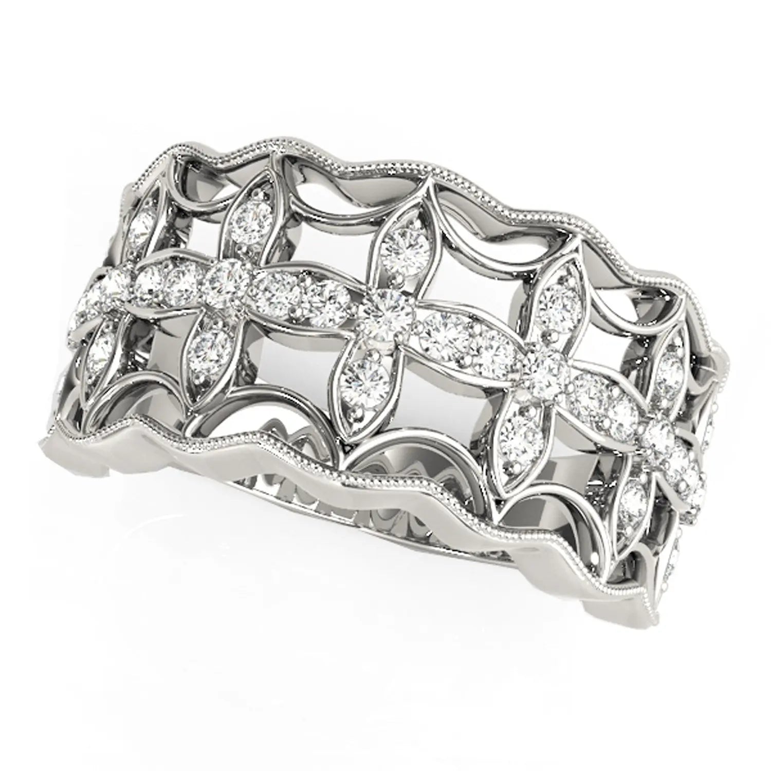 Diamond Studded Four Leaf Clover Motif Ring in 14k White Gold (1/4 cttw) 