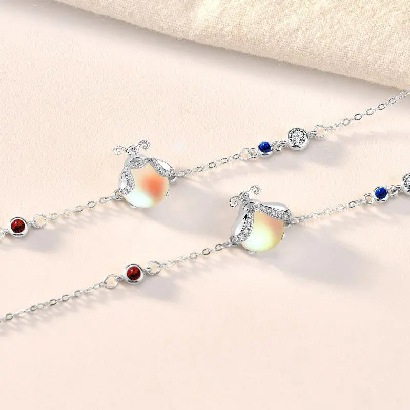 Beautiful CZ Natural Moonstone Glowworm 925 Sterling Silver Bracelet 