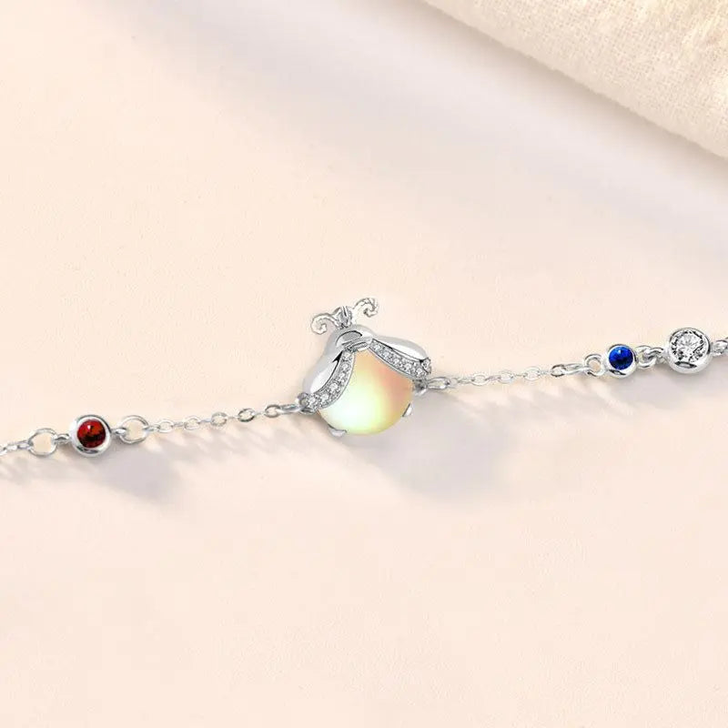 Beautiful CZ Natural Moonstone Glowworm 925 Sterling Silver Bracelet 