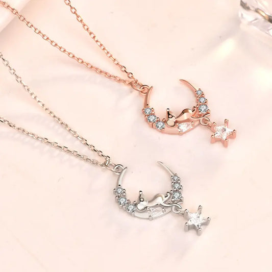 Cute CZ Crescent Moon Mouse 925 Sterling Silver Necklace 