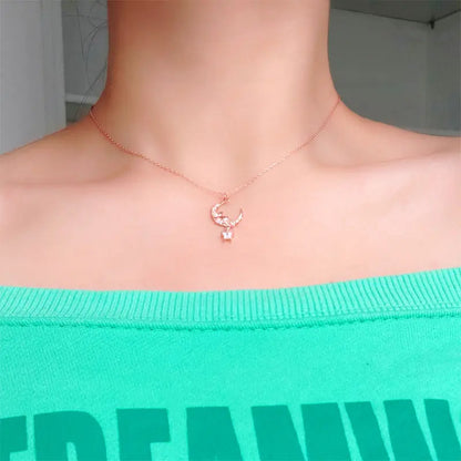 Cute CZ Crescent Moon Mouse 925 Sterling Silver Necklace 