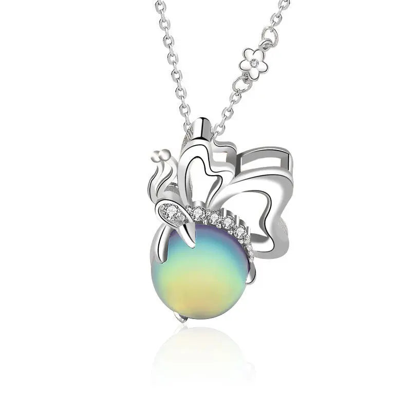 Cute Natural Moonstone CZ Flying Butterfly 925 Sterling Silver Necklace 