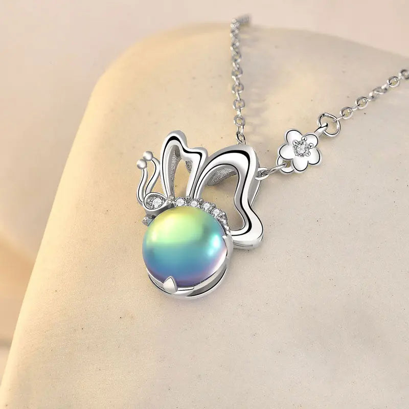 Cute Natural Moonstone CZ Flying Butterfly 925 Sterling Silver Necklace 