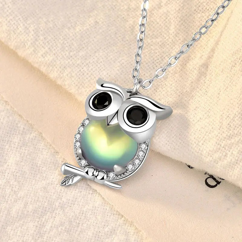 Cute Natural Moonstone CZ Owl 925 Sterling Silver Necklace 