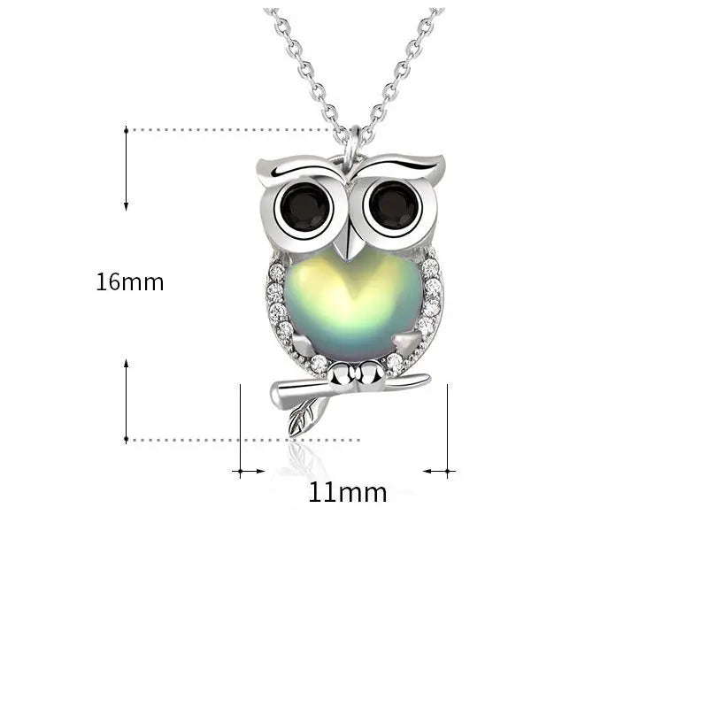 Cute Natural Moonstone CZ Owl 925 Sterling Silver Necklace 