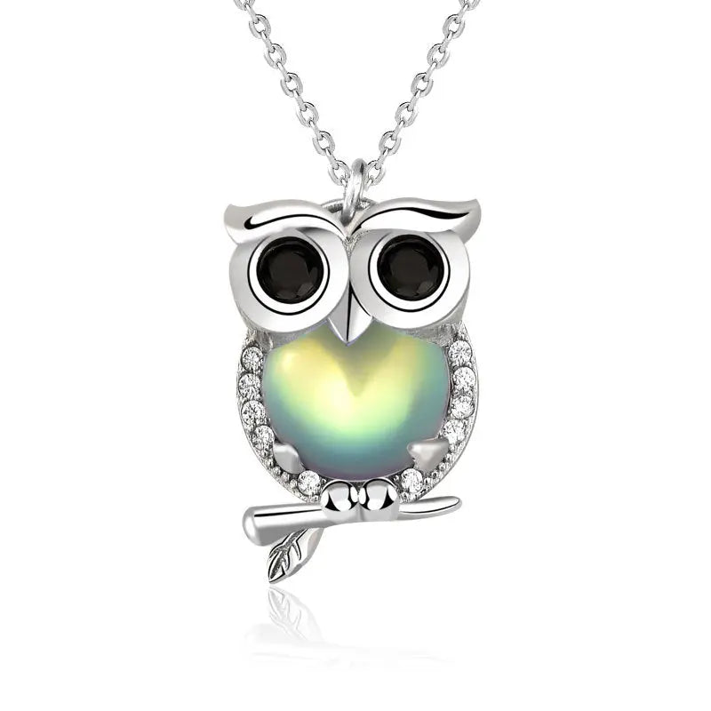 Cute Natural Moonstone CZ Owl 925 Sterling Silver Necklace 