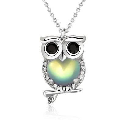 Cute Natural Moonstone CZ Owl 925 Sterling Silver Necklace 