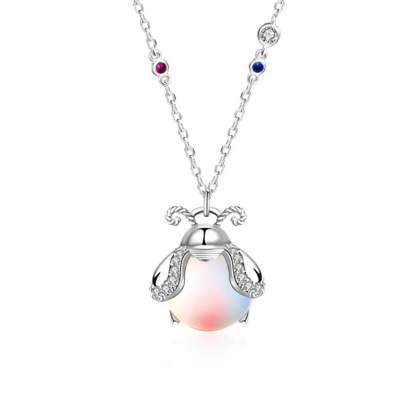 Cute Natural Moonstone Glowworm CZ 925 Sterling Silver Necklace 