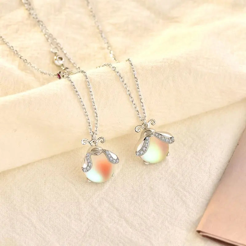 Cute Natural Moonstone Glowworm CZ 925 Sterling Silver Necklace 