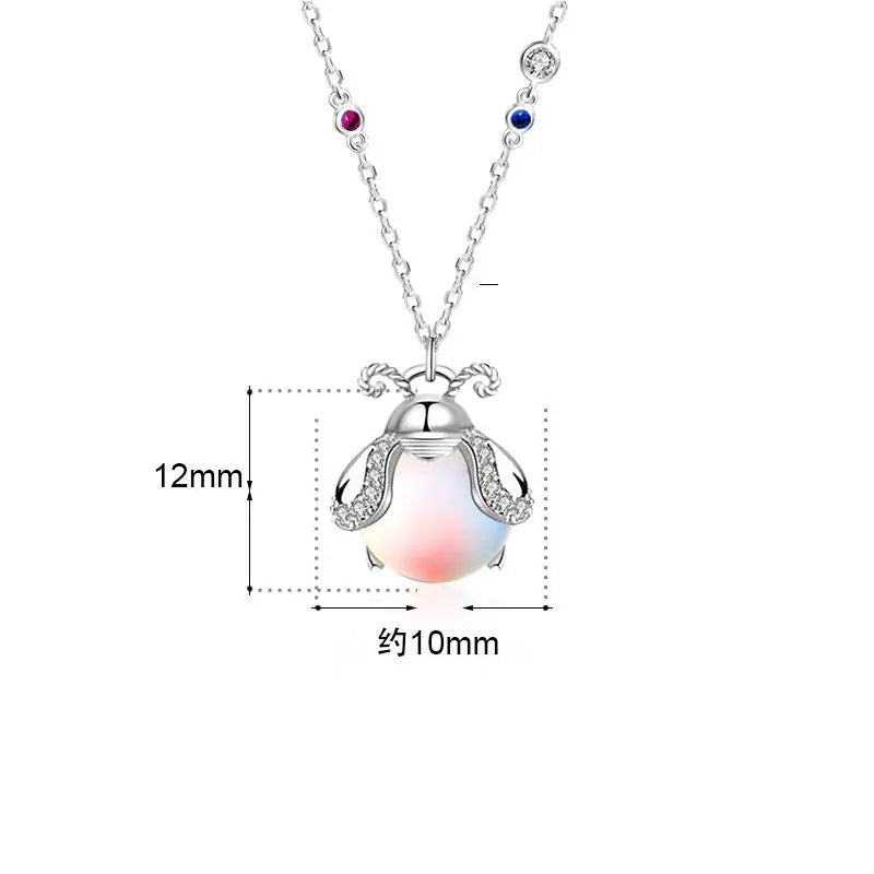 Cute Natural Moonstone Glowworm CZ 925 Sterling Silver Necklace 