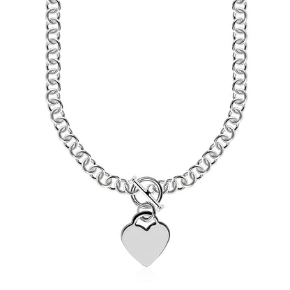 Sterling Silver Rolo Chain  with a Heart Toggle Charm and Rhodium Plating 