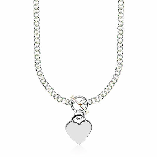 Sterling Silver Rhodium Plated Rolo Chain Necklace with a Heart Toggle Charm 