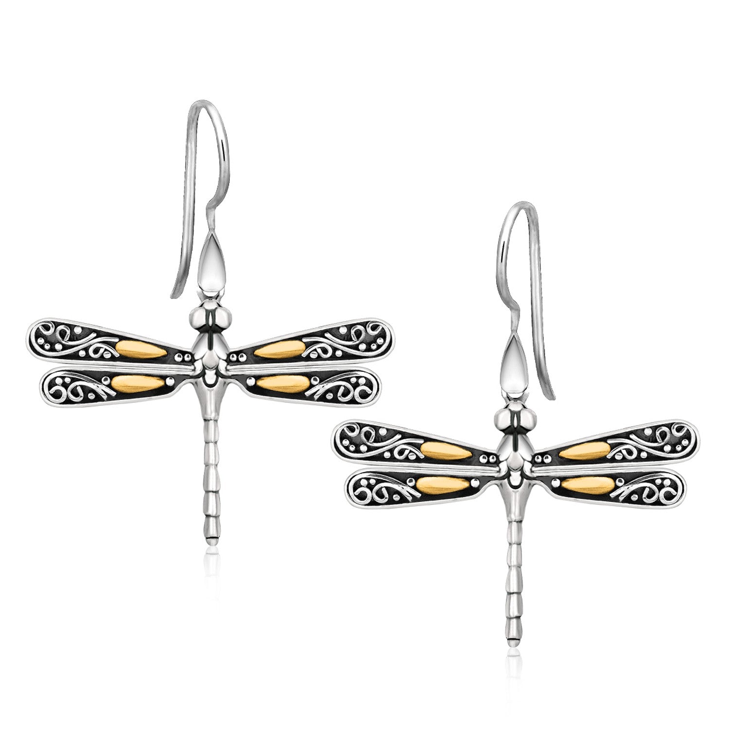 18k Yellow Gold and Sterling Silver Dragonfly Motif Drop Earrings 