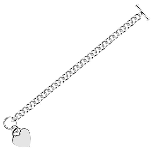 Sterling Silver Rhodium Plated Rolo Style Heart Charmed Chain Bracelet  (7.95 mm) 