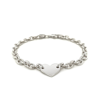 Sterling Silver Rhodium Plated Chain Bracelet with a Flat Heart Station (5.00 mm) 