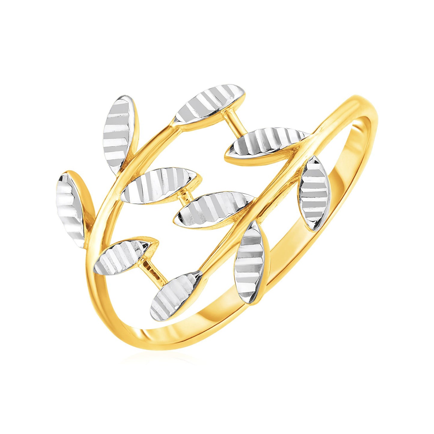 14k Two Tone Gold Crossover Ring with Textured Leaves(1.50 mm) 