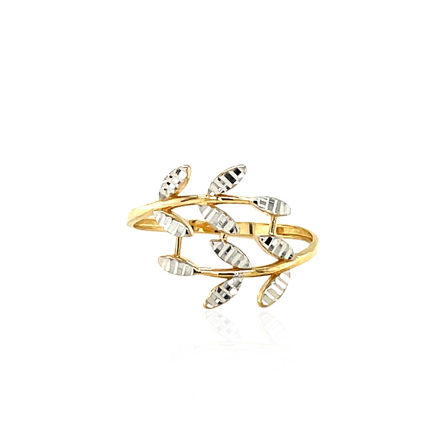 14k Two Tone Gold Crossover Ring with Textured Leaves(1.50 mm) 