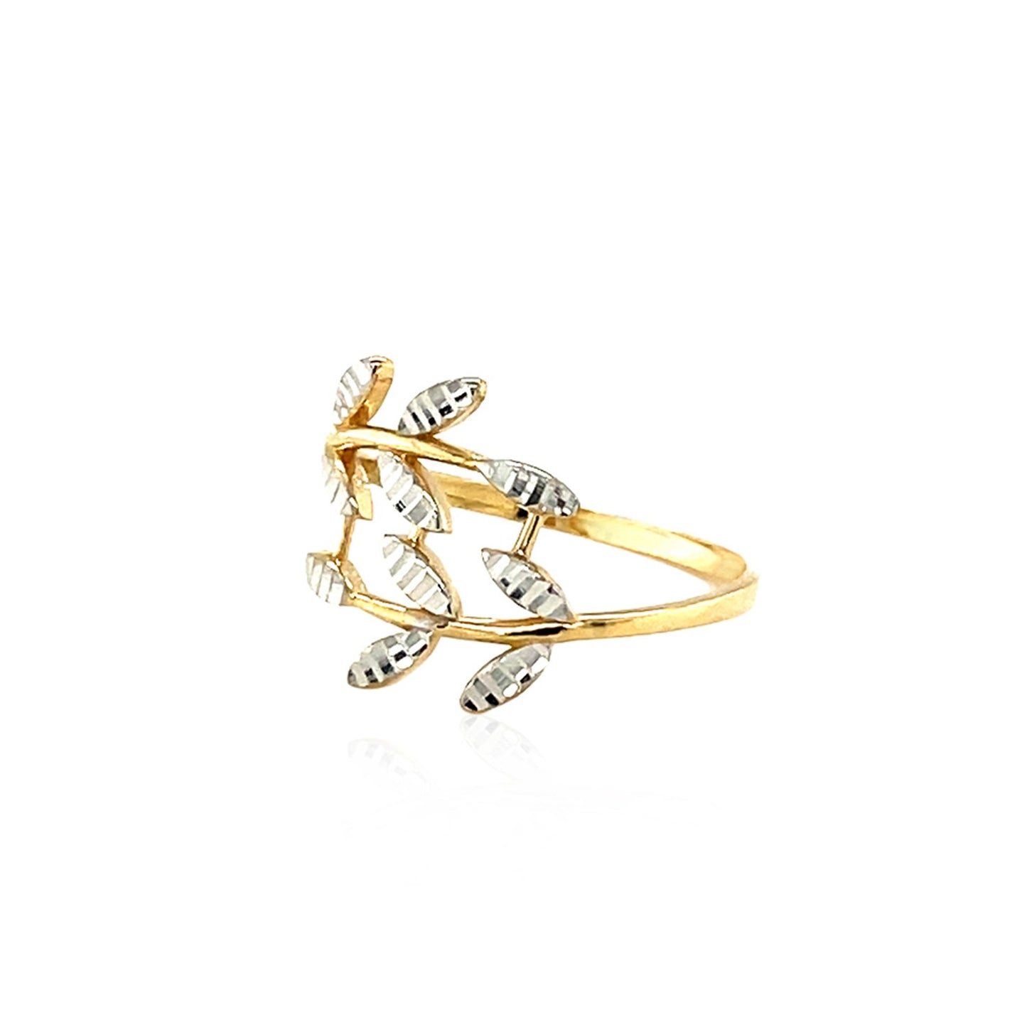 14k Two Tone Gold Crossover Ring with Textured Leaves(1.50 mm) 