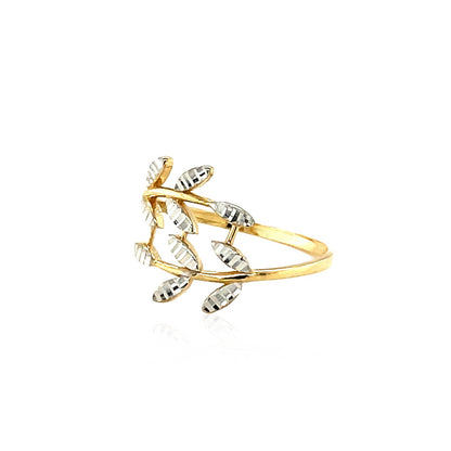 14k Two Tone Gold Crossover Ring with Textured Leaves(1.50 mm) 