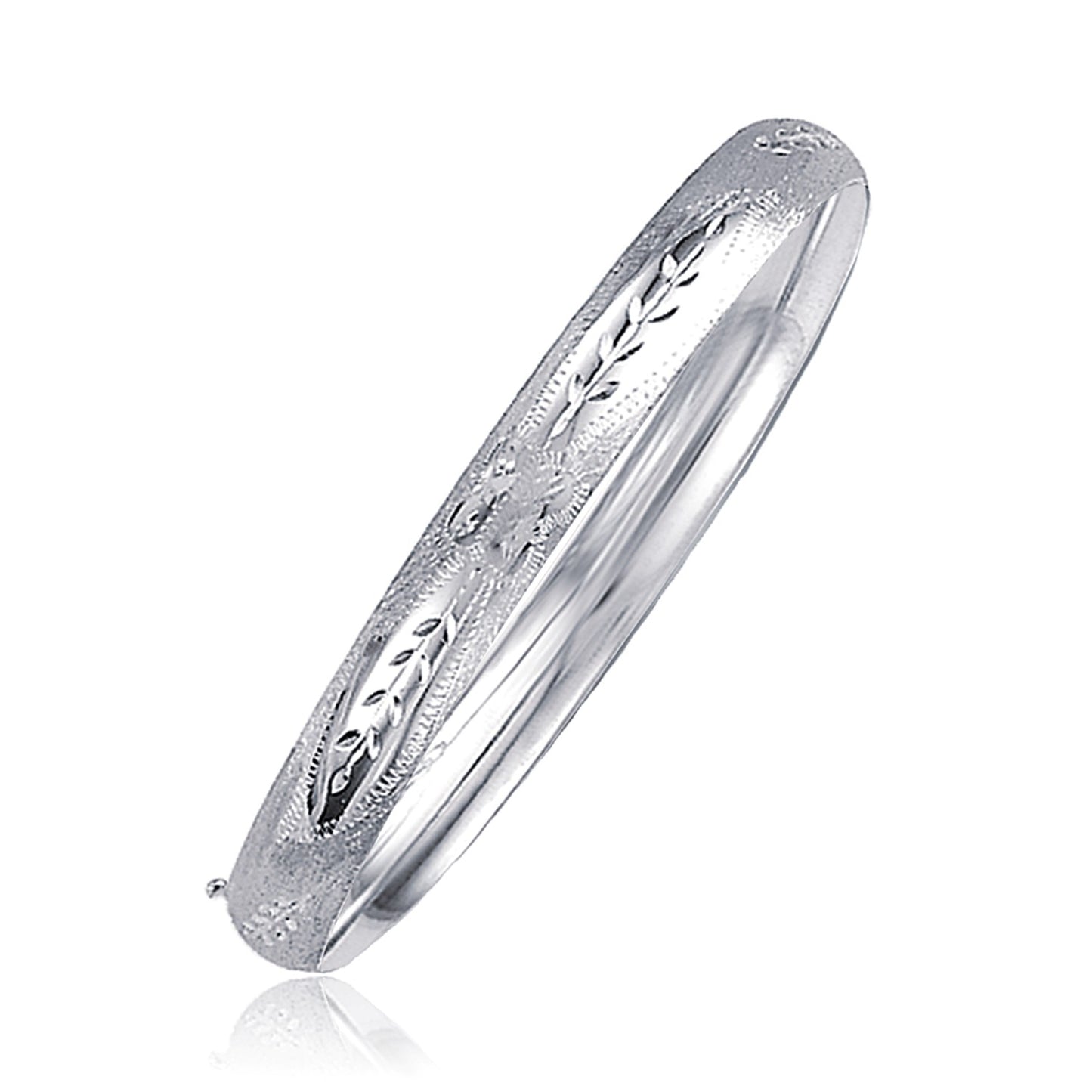 Classic Floral Carved Bangle in 14k White Gold (6.0mm) 