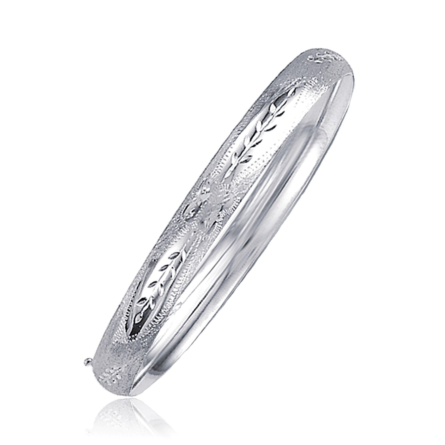 Classic Floral Carved Bangle in 14k White Gold (6.00 mm) 