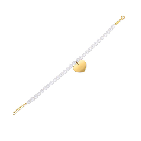 14k Yellow Gold Pearl Heart Charm Bracelet 