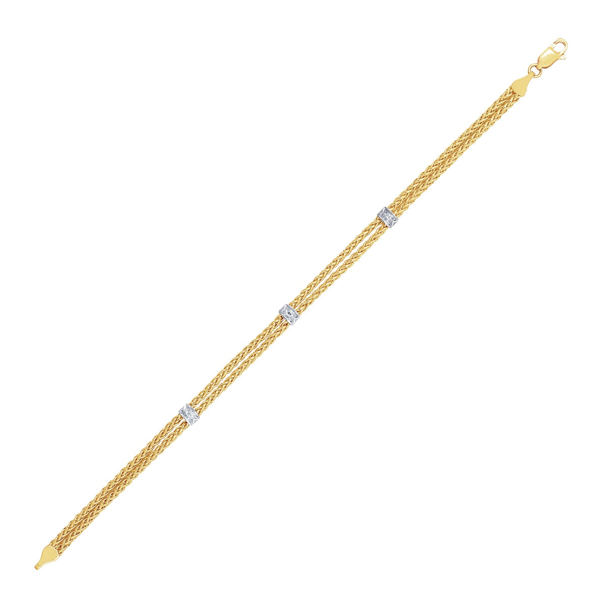 14k Two-Tone Gold Dual Wheat Chain Bracelet with Diamond Stations (3.75 mm) 