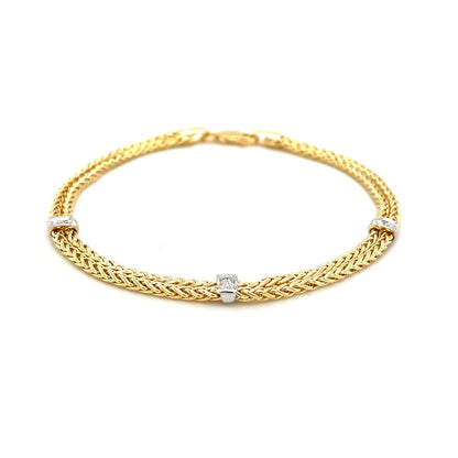 14k Two-Tone Gold Dual Wheat Chain Bracelet with Diamond Stations (3.75 mm) 