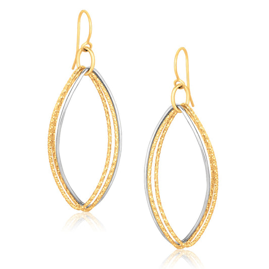 14k Two Tone Gold Textured Triple Oval Shape Drop Earrings 