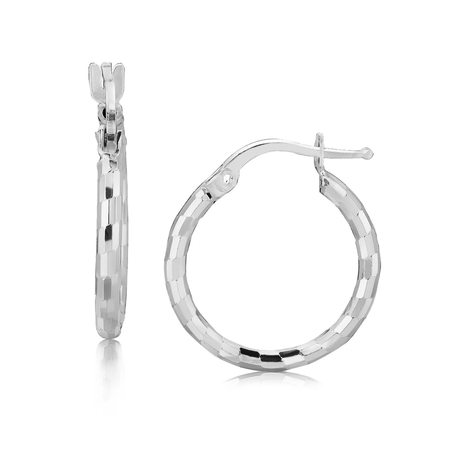 Sterling Silver Rhodium Plated Diamond Cut Small Hoop Earrings (2x15mm) 